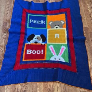 Handmade Crochet Peek A Boo Baby Blanket‎ Blue Teddy Bear Dog Bunny Child